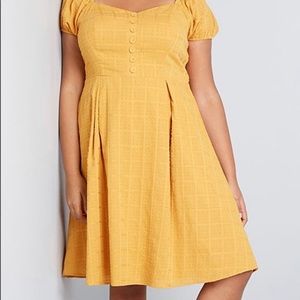 ModCloth Orange Plaid Puff Sleeve Sweetheart Dress